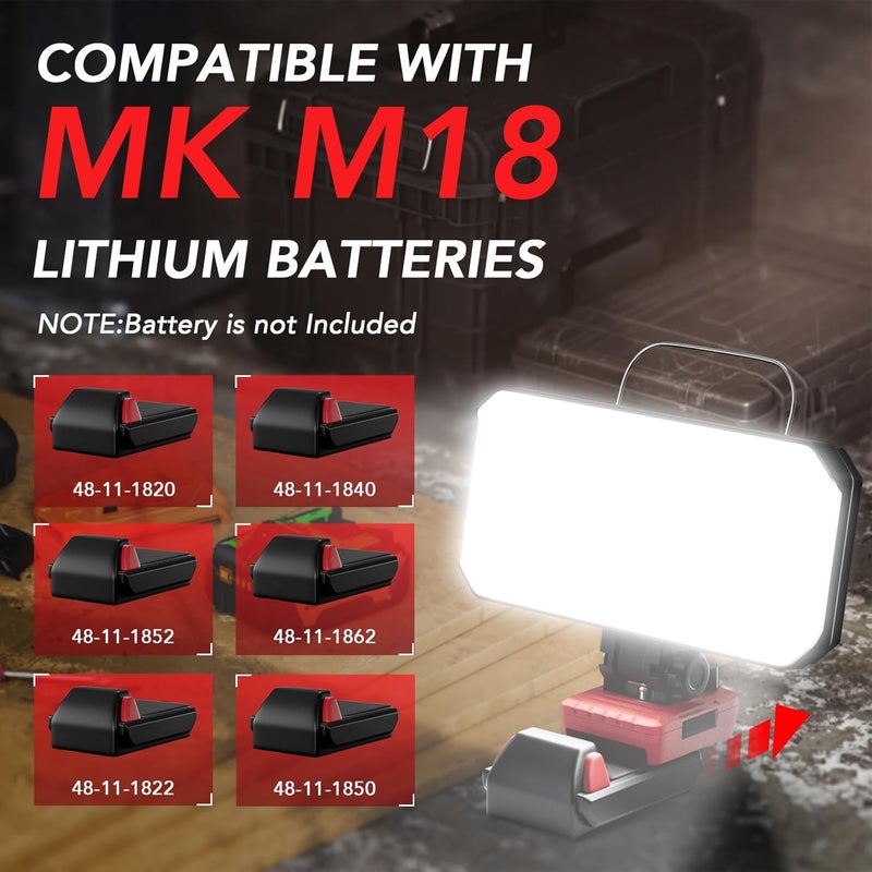 LETOUR LED Work Light Compatible with Milwaukee 18v Battery, 8.85'' 3000Lumens 100W Cordless Work Lights Brightness Light with Low Voltage Protection Type-C & USB-A Charger Port,Battery Not Included - Image 2
